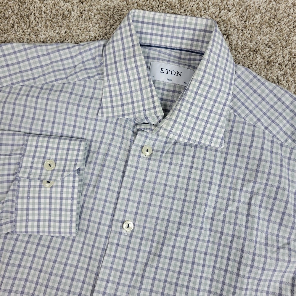 Eton Slim Mens 15.5-39 White Blue Plaid Button Up Long Sleeve